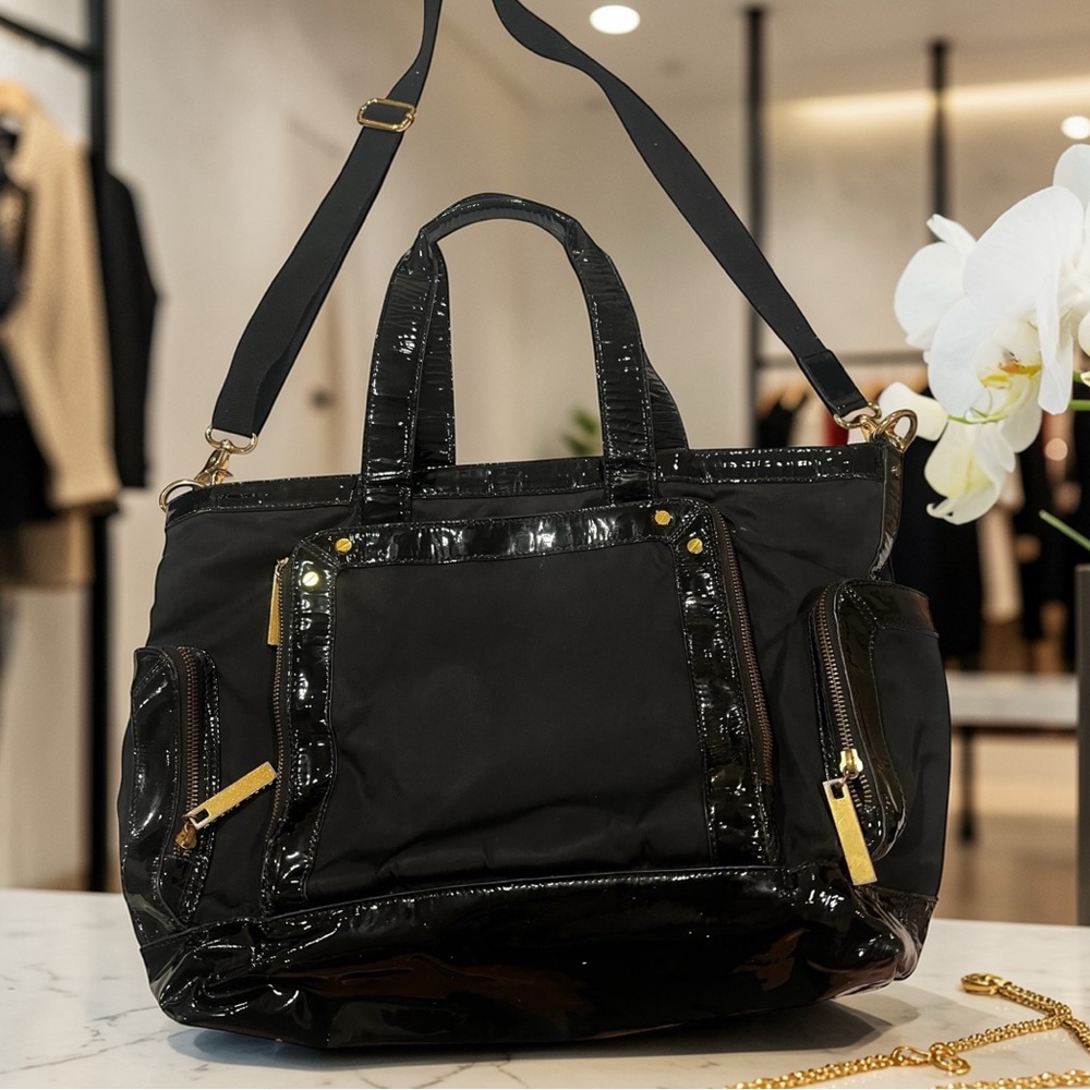Tory Burch Black Nylon Tote Patent Trim Gold Hardware Travel Work Bag